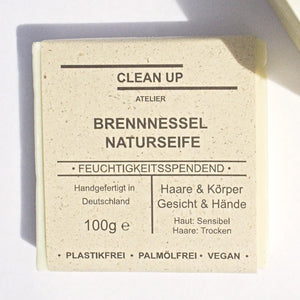 Dusch-, Gesichts- und Haarseife "Brennnessel", handgemacht – 100g,Clean Up Atelier,feuchtigkeitsspendend,Handmade,Plastikfrei,Palmölfrei,Vegan