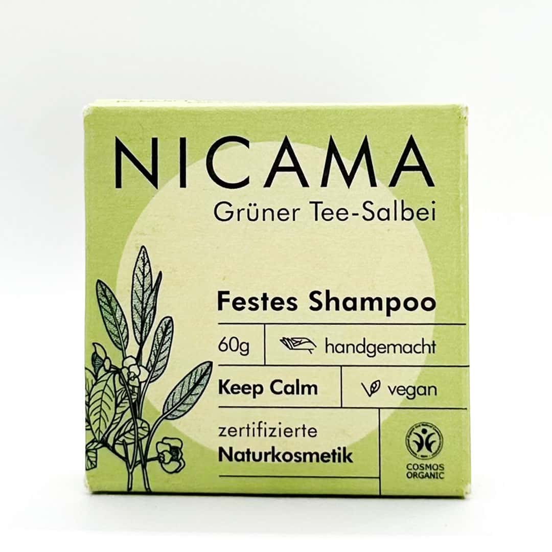 Shampoo "Grüner Tee & Salbei" (COSMOS) – 60g,Nicama,Vegan,Palmölfrei,Plastikfrei,Naturkosmetik, festes Shampoo,Keep Calm