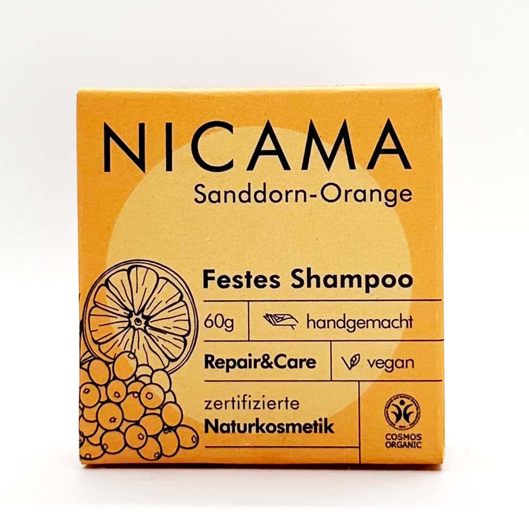 Shampoo "Sanddorn-Orange" (COSMOS) -60g,Nicama,Vegan,Palmölfrei,Plastikfrei,Naturkosmetik,Handgemacht,Repair&Care,festes Shampoo