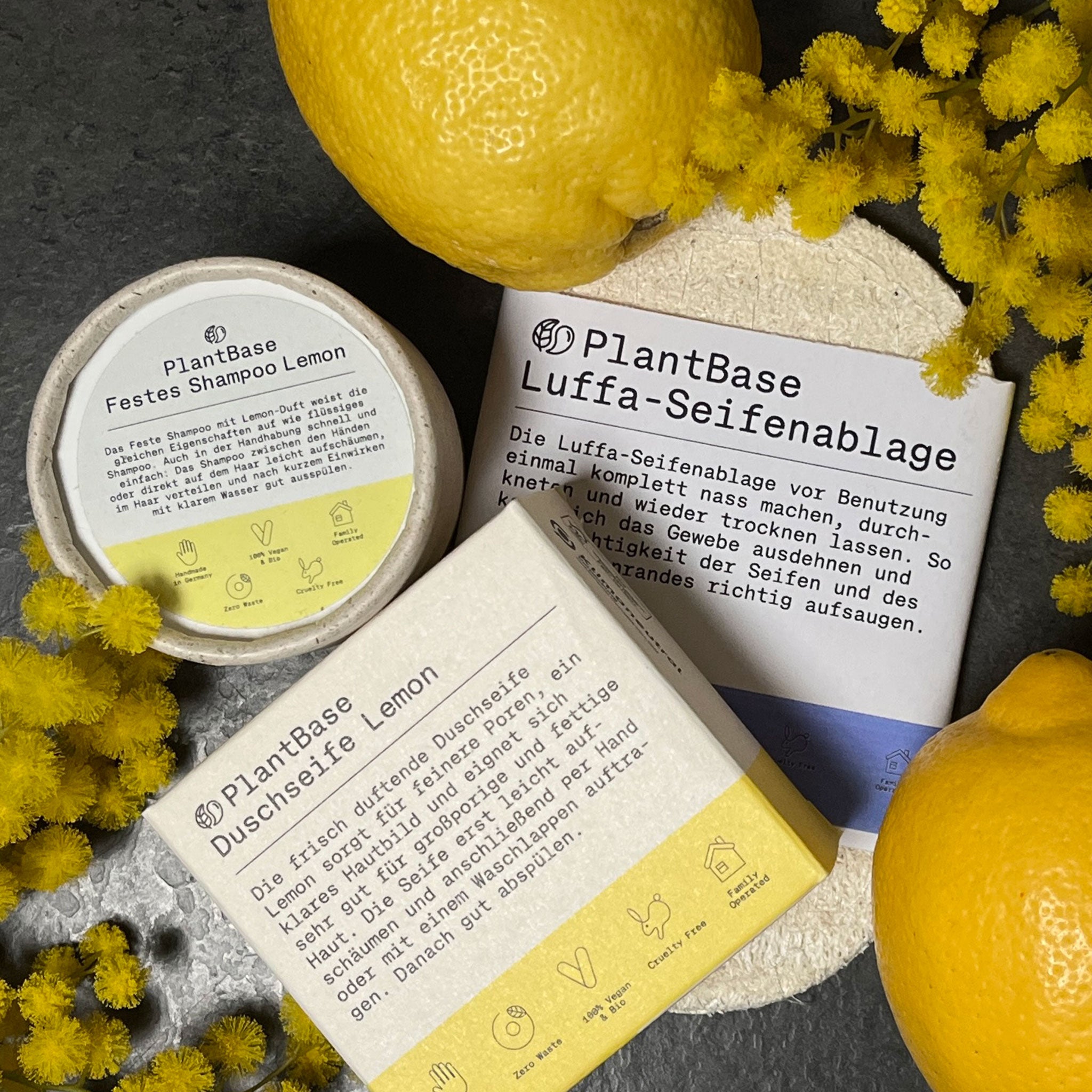 Start-Set "Lemon",PlantBase,festes Shampoo,Duschseife Lemon, Luffa-Seifenablage